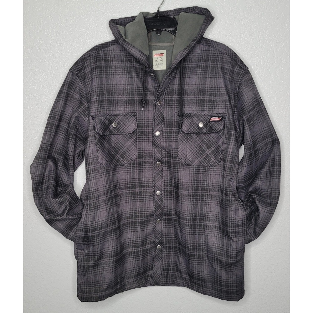 Dickies Flannel Shirt Jacket Mens L Fleece Lined Hooded Snap Gray Workwear